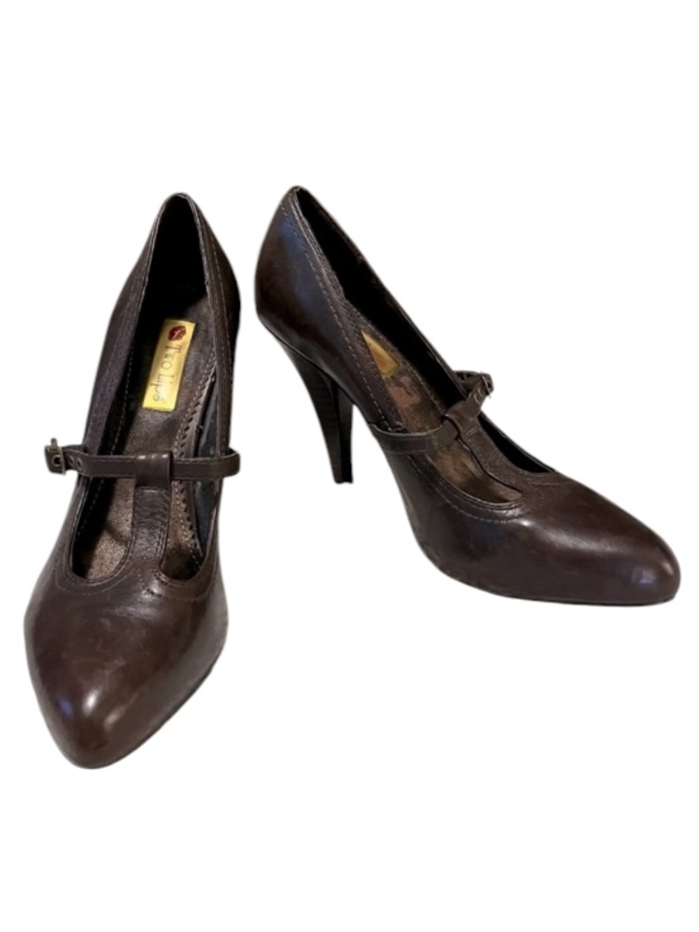 Two Lips Vintage Women’s Brown Distressed Leather Pointy Heeled Mary Jane Shoes